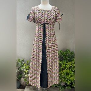 Vintage 70s maxi dress empire waist embroidered lace black lining Sz XS handmade